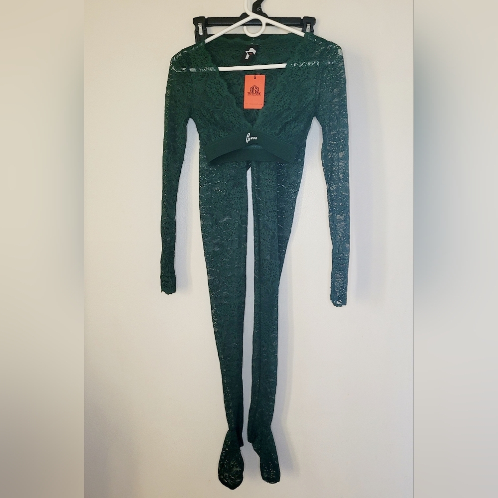GSUWOO Lace Set Dark Green Crop Top With Footed Pants XS V-Neck Sexy Baddie Club